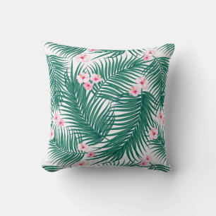 Green Tropical Palm Leaves with Hibiscus Flowers Throw Pillow