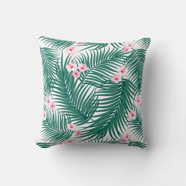 Green Tropical Palm Leaves with Hibiscus Flowers   Throw Pillow (Front)