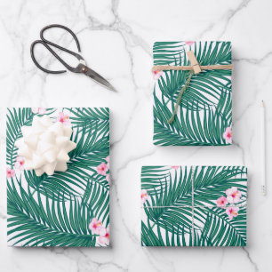 Green Tropical Palm Leaves with Hibiscus Flowers Wrapping Paper Sheets