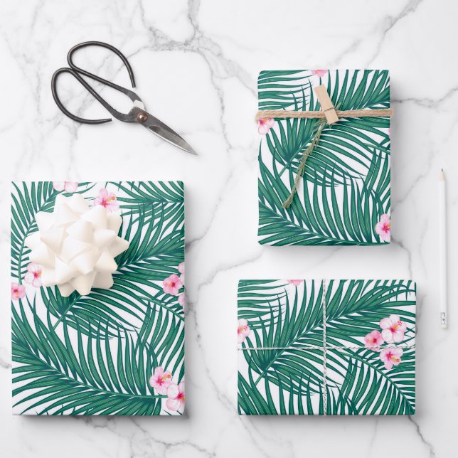 Green Tropical Palm Leaves with Hibiscus Flowers   Wrapping Paper Sheets (Front)