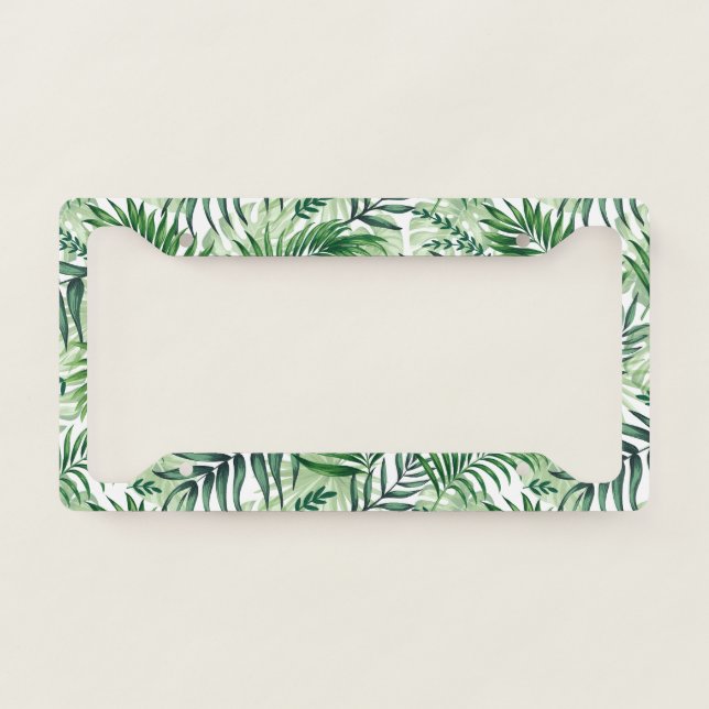 Green Tropical Palm & Monstera Leaves License Plate Frame (Front)