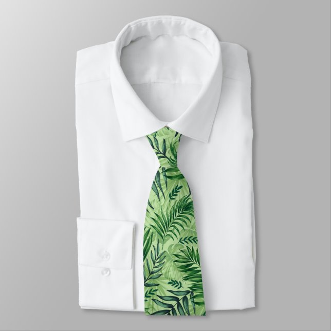 Green Tropical Palm & Monstera Leaves Neck Tie (Tied)