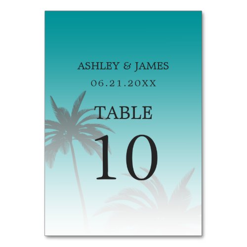 Green Tropical Palm Tree Beach Wedding Table Number