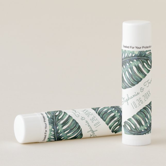 Green Tropical Palm Tree Monstera Leaf Favor Lip Balm (Front)