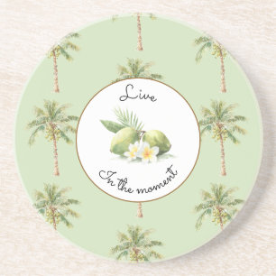 Green Tropical Palm Tree Plumeria Flowers Limes Coaster