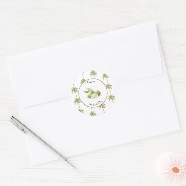 Green Tropical Palm Tree Wedding Classic Round Sticker (Envelope)