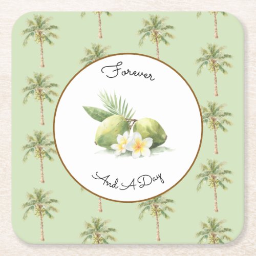 Green Tropical Palm Tree Wedding Square Paper Coaster