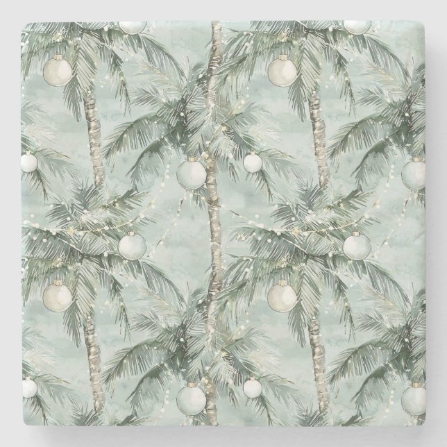 Green Tropical Palm Trees Christmas Stone Coaster (Front)