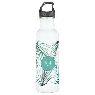 Green Tropical Palm Watercolor leaves Monogram Stainless Steel Water Bottle