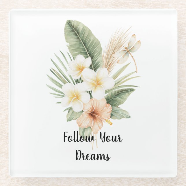 Green Tropical Peach Hibiscus Plumeria Dragonfly Glass Coaster (Front)