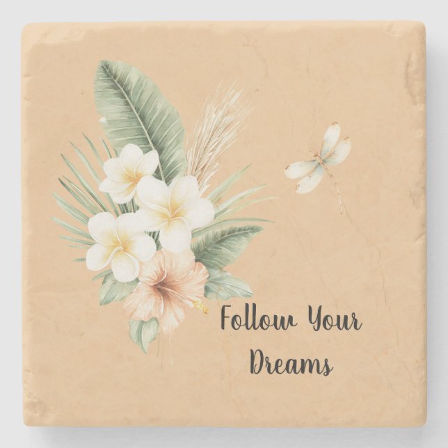 Green Tropical Peach Hibiscus Plumeria Dragonfly Stone Coaster (Front)