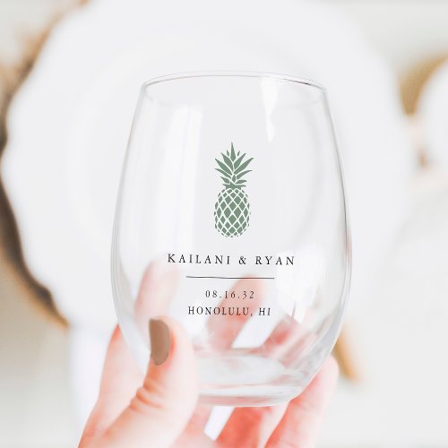 Green Tropical Pineapple Destination Wedding Favor Stemless Wine Glass