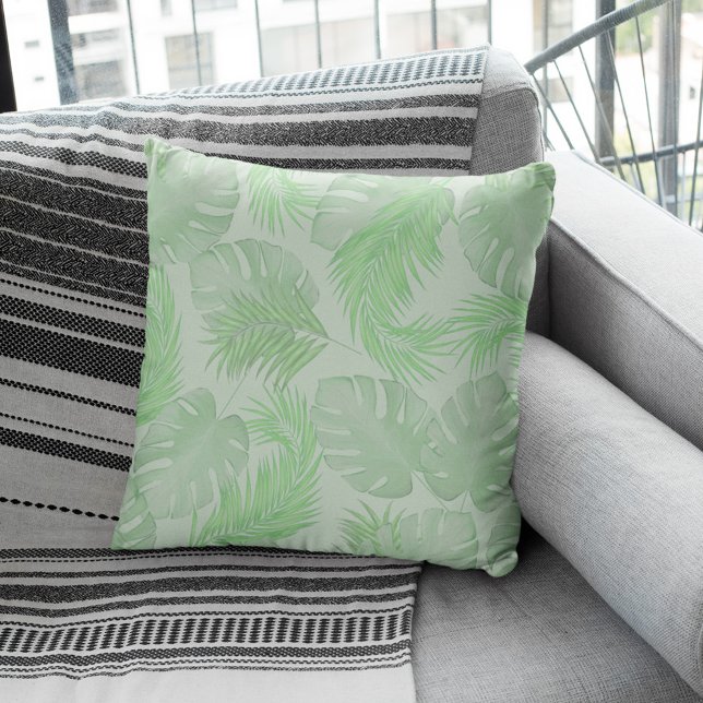 Green Tropical Simple Palm Leaves Throw Pillow (Palm leaves pattern throw pillow)