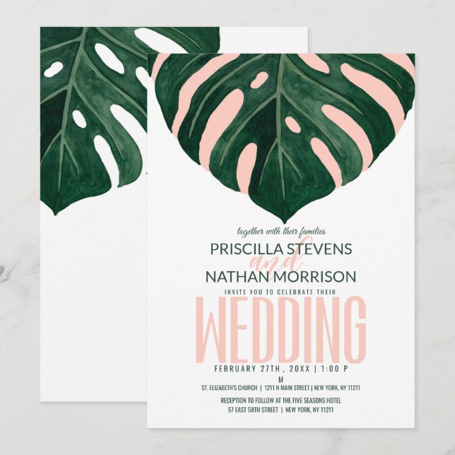 Green Tropical Swiss Cheese Leaf Pink Wedding Invitation (Front/Back)