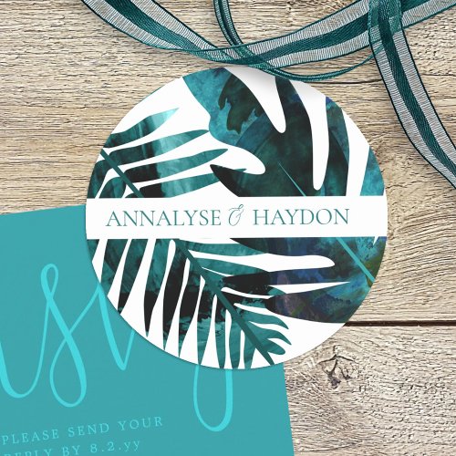 Green  Tropical Teal Island Leaves Wedding Classic Round Sticker