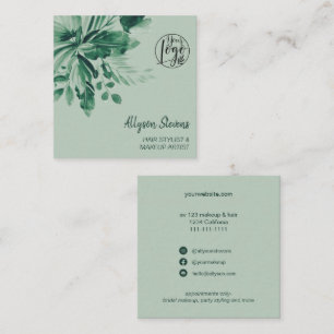 Green tropical watercolor hair makeup logo square business card