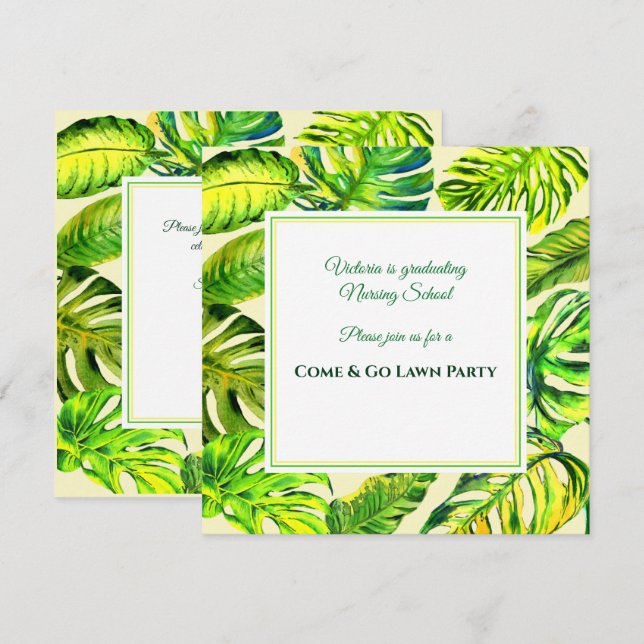 Green Tropical Watercolor Leaves Graduation Invitation (Front/Back)