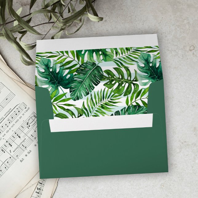 Green Tropical Watercolor Leaves Wedding Envelope (Creator Uploaded)