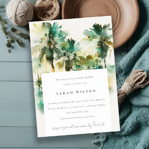 Green Tropical Watercolor Palm Tree Baby Shower Invitation