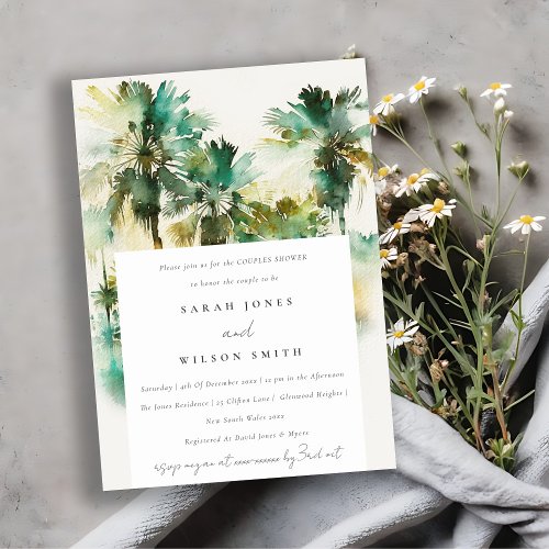 Green Tropical Watercolor Palm Tree Couples Shower Invitation