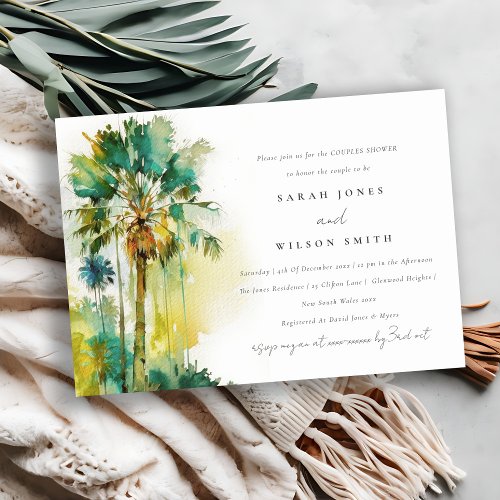 Green Tropical Watercolor Palm Tree Couples Shower Invitation