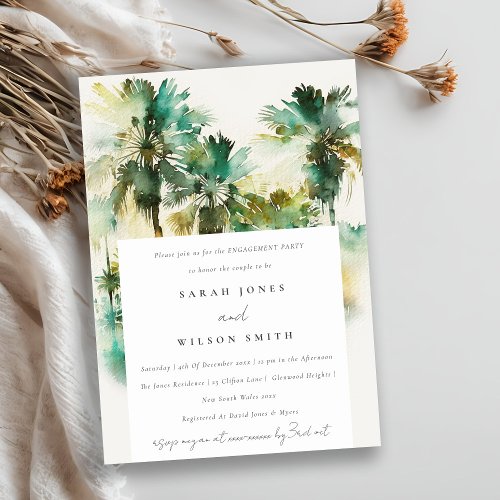 Green Tropical Watercolor Palm Trees Engagement Invitation