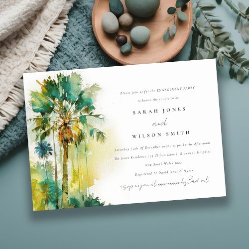Green Tropical Watercolor Palm Trees Engagement Invitation