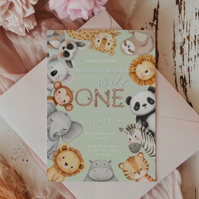 Green Tropical Wild One Jungle Safari Animals  Invitation (Creator Uploaded)