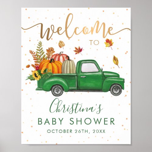 Green Truck Autumn Pumpkin Baby Shower Welcome Poster