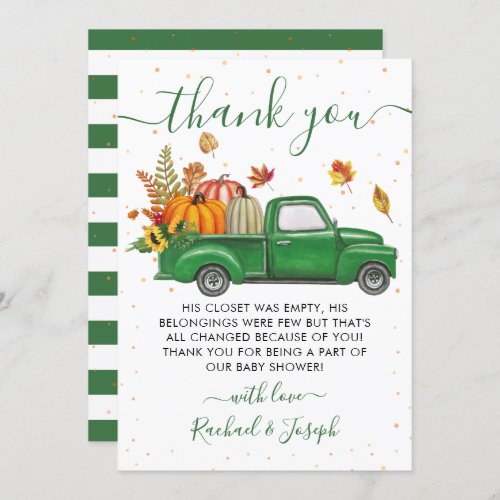 Green Truck Autumn Pumpkin Fall Baby Shower Thank You Card