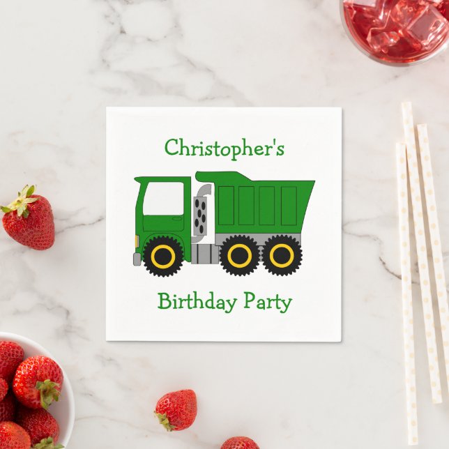 Green Truck Personalised Birthday Party Napkins (Insitu)