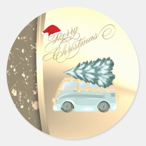 Green Truck Pine Tree Christmas  Faux Gold Classic Round Sticker