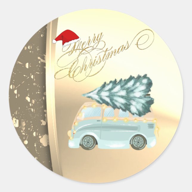 Green Truck Pine Tree Christmas  Faux Gold Classic Round Sticker (Front)