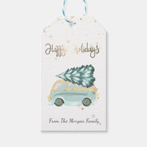 Green Truck Pine Tree Christmas Happy Holidays  Gift Tags