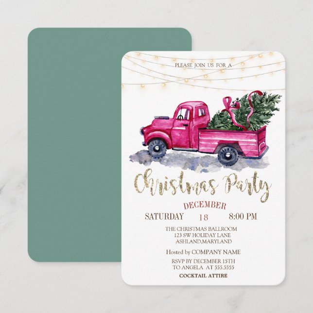 Green Truck Pine Tree,Lights Wood Christmas Party  Invitation (Front/Back)