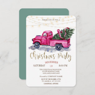 Green Truck Pine Tree,Lights Wood Christmas Party Invitation