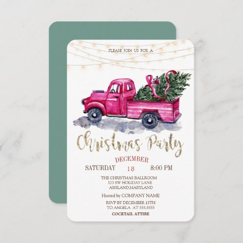 Green Truck Pine TreeLights Wood Christmas Party  Invitation