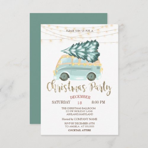 Green Truck Pine TreeLights Wood Christmas Party Invitation