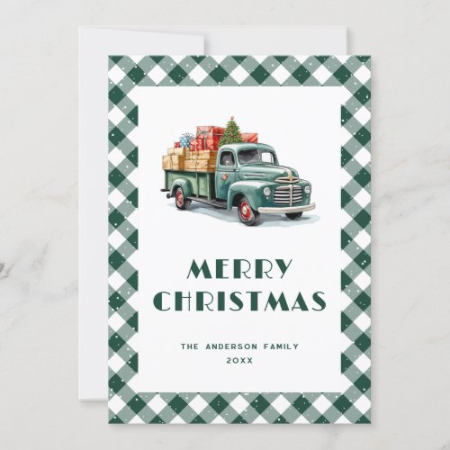 Green Truck Plaid Snowy Merry Christmas Cards
