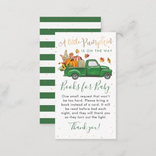 Green Truck Pumpkin Baby Shower Books for Baby Enclosure Card