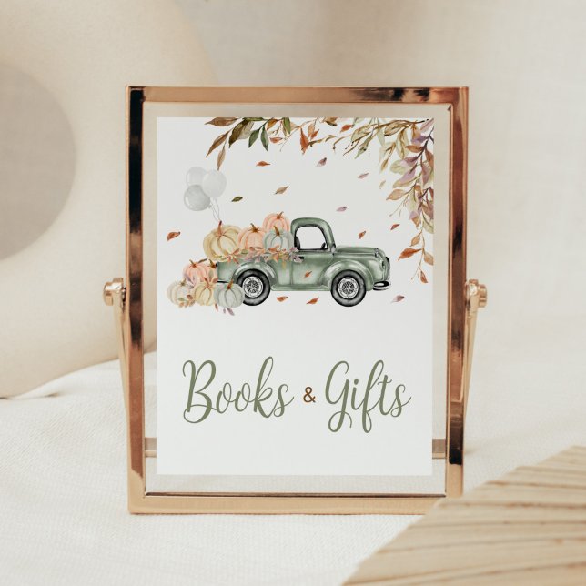 Green Truck Pumpkin Books and Gifts Baby Shower Poster (Little Pumpkin Green Truck Baby Shower Books and Gifts Sign)