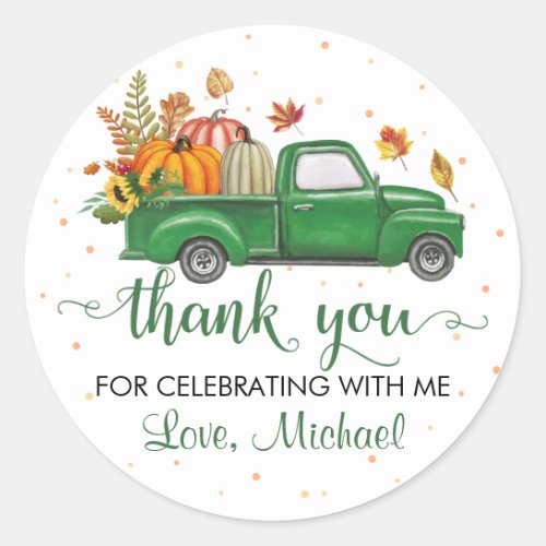 Green Truck Pumpkin Leaves Autumn Party Thank You Classic Round Sticker