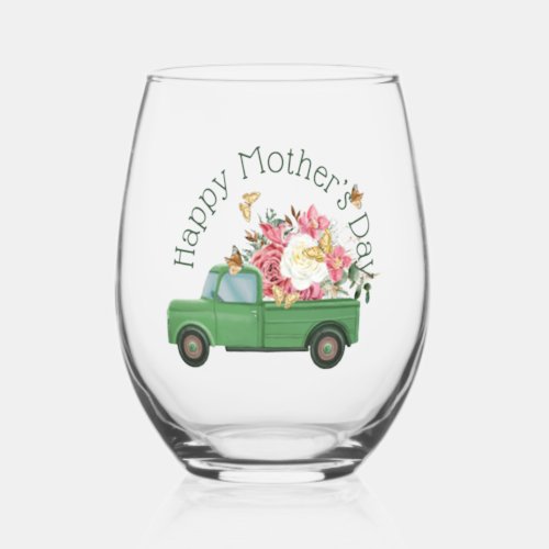 Green Truck Spring Bouquet Stemless Wine Glass