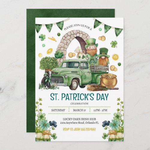 Green Truck St Patricks Day Leprechaun Gnomes Invitation