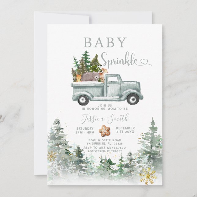 Green Truck Winter Forest Animals Baby Sprinkle Invitation (Front)
