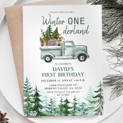 Green Truck Winter ONEderland Birthday Party Invitation