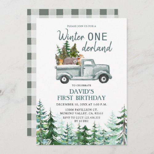 Green Truck Winter ONEderland Birthday Party Invitation