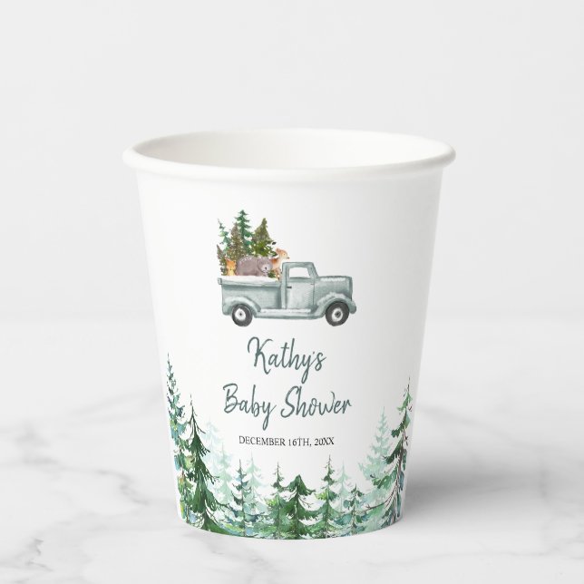Green Truck Woodland Animal Baby Shower Paper Cups (Front)