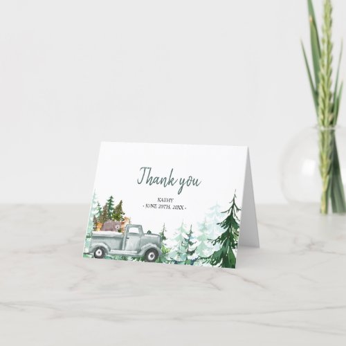 Green Truck Woodland Animals Folded Thank You card