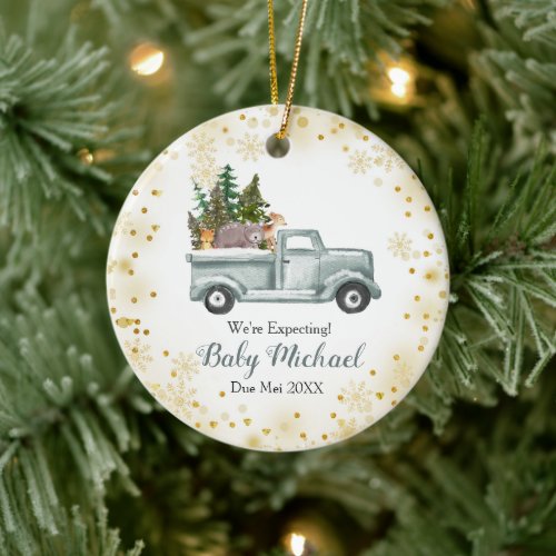 Green Truck Woodland  Were Expecting Parents  Ceramic Ornament